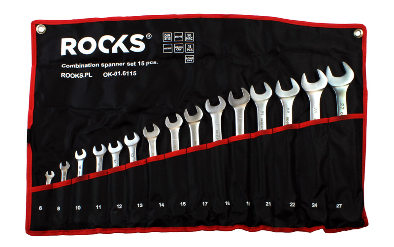 ROOKS Zestaw kluczy płasko-oczkowych w etui 15 części: 6 8 10 11 12 13 14 15 17 18 19 22 21 24 27 OK-01.6115