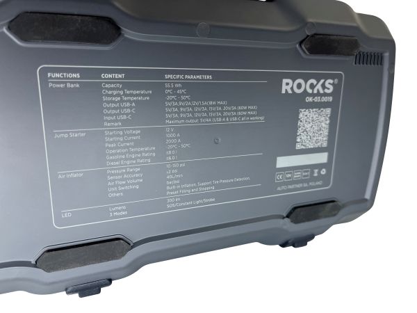 ROOKS Booster urządzenie rozruchowe z kompresorem 12V 1000/2000 A 10 BAR 55,5 Wh OK-03.0019