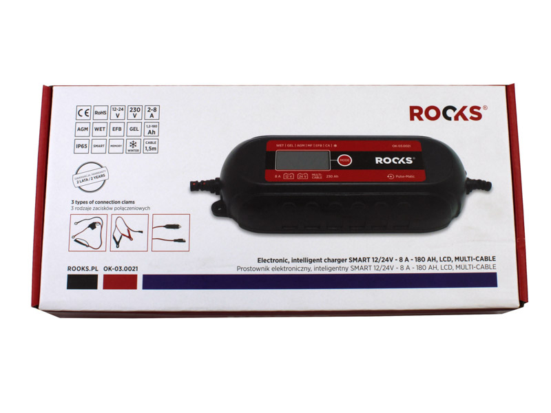 ROOKS Prostownik elektroniczny - inteligentny SMART 12/24V 8 A 230 AH LCD zestaw dodatkowych akcesoriów OK-03.0021