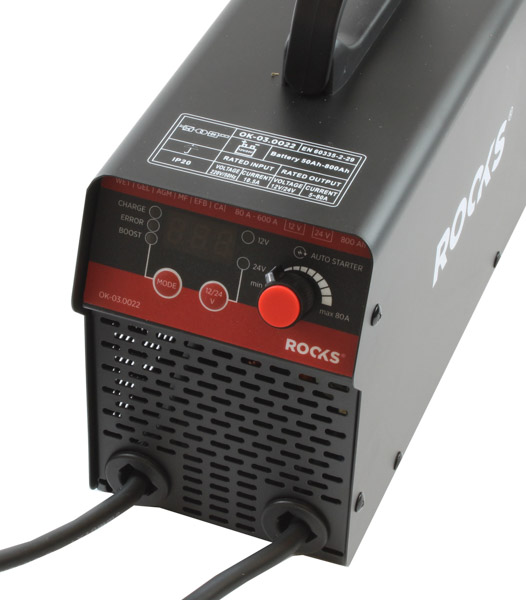 ROOKS Inwertorowy prostownik z rozruchem START 12 / 24 V 80 A 600 A 800 Ah LCD kable 2,1 m OK-03.0022