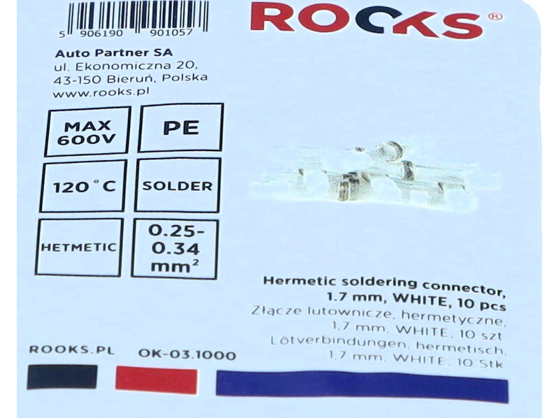 ROOKS Złącze lutownicze hermetyczne 1,7 mm WHITE 10 sztuk OK-03.1000