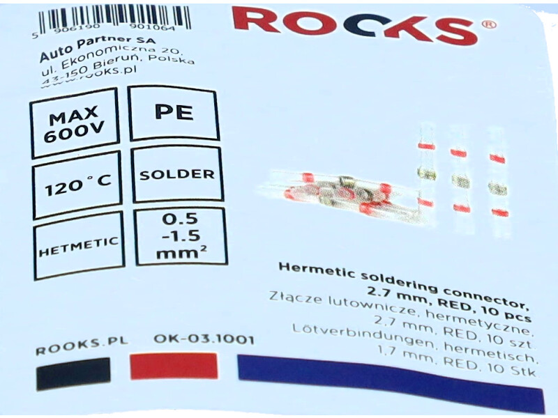 ROOKS Złącze lutownicze hermetyczne 2,7 mm RED 10 sztuk OK-03.1001
