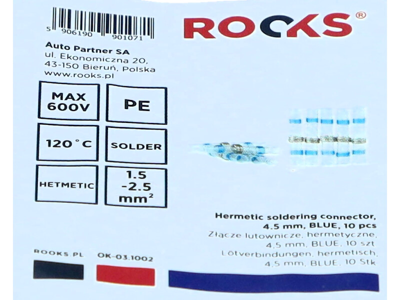 ROOKS Złącze lutownicze hermetyczne 4,5 mm BLUE 10 sztuk OK-03.1002