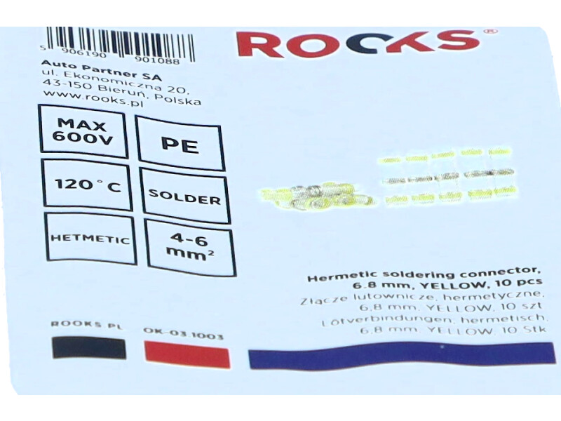 ROOKS Złącze lutownicze hermetyczne 6,8 mm YELLOW 10 sztuk OK-03.1003